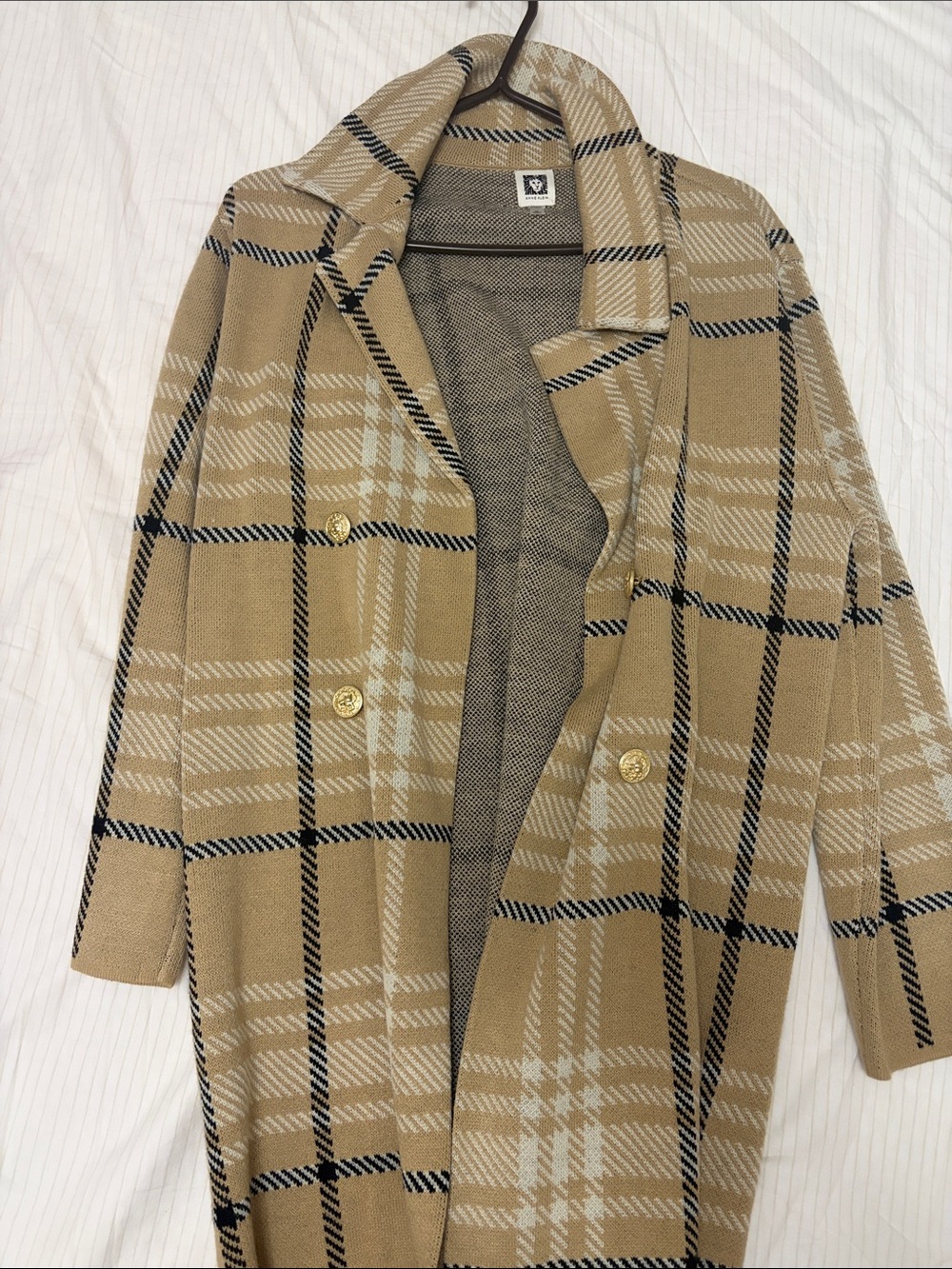 Anne Klein Women's Plaid Long Coat - Beige Check